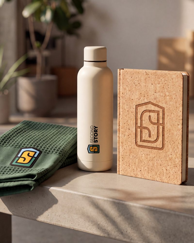 Branded bottle, cap and cork notebook
